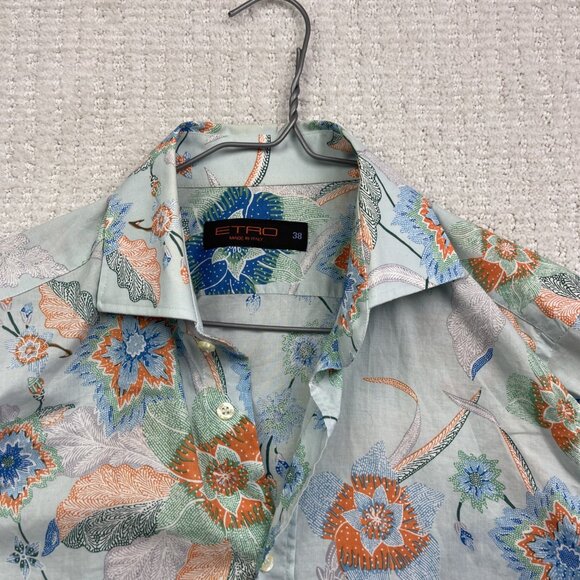 Etro Men's Powder Blue Japanese Style Floral Tropical AOP Button-Up Shirt Sz 38 - Picture 5 of 13